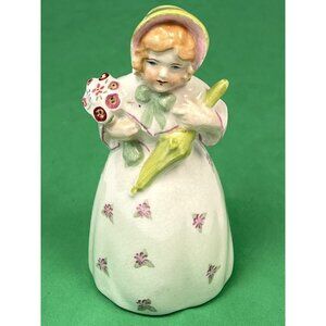 VTG 4.5" Handpainted Ceramic Girl BELL Figurine Floral Bouquet Green Bonnet EUC